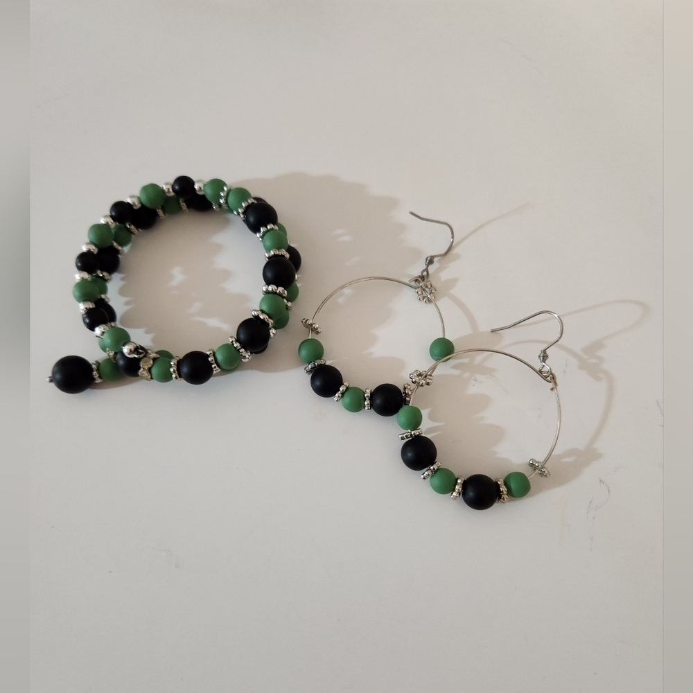 Hand Crafted Black and Green Beaded Jewelry Set Wrapped Bracelet Hoop Earrings